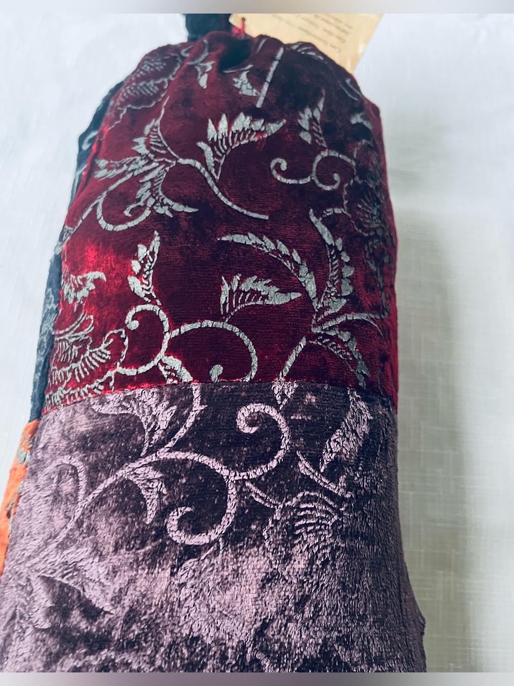 Rare Retired Vintage Pier
1 Imports Velvet Patchwork Bolster throw
18” L , 8” W